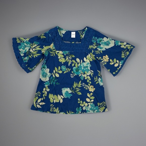 Blair Floral Print Tunic Top Crochet Trim Bell Sleeve Bohemian Blue M - Picture 1 of 5